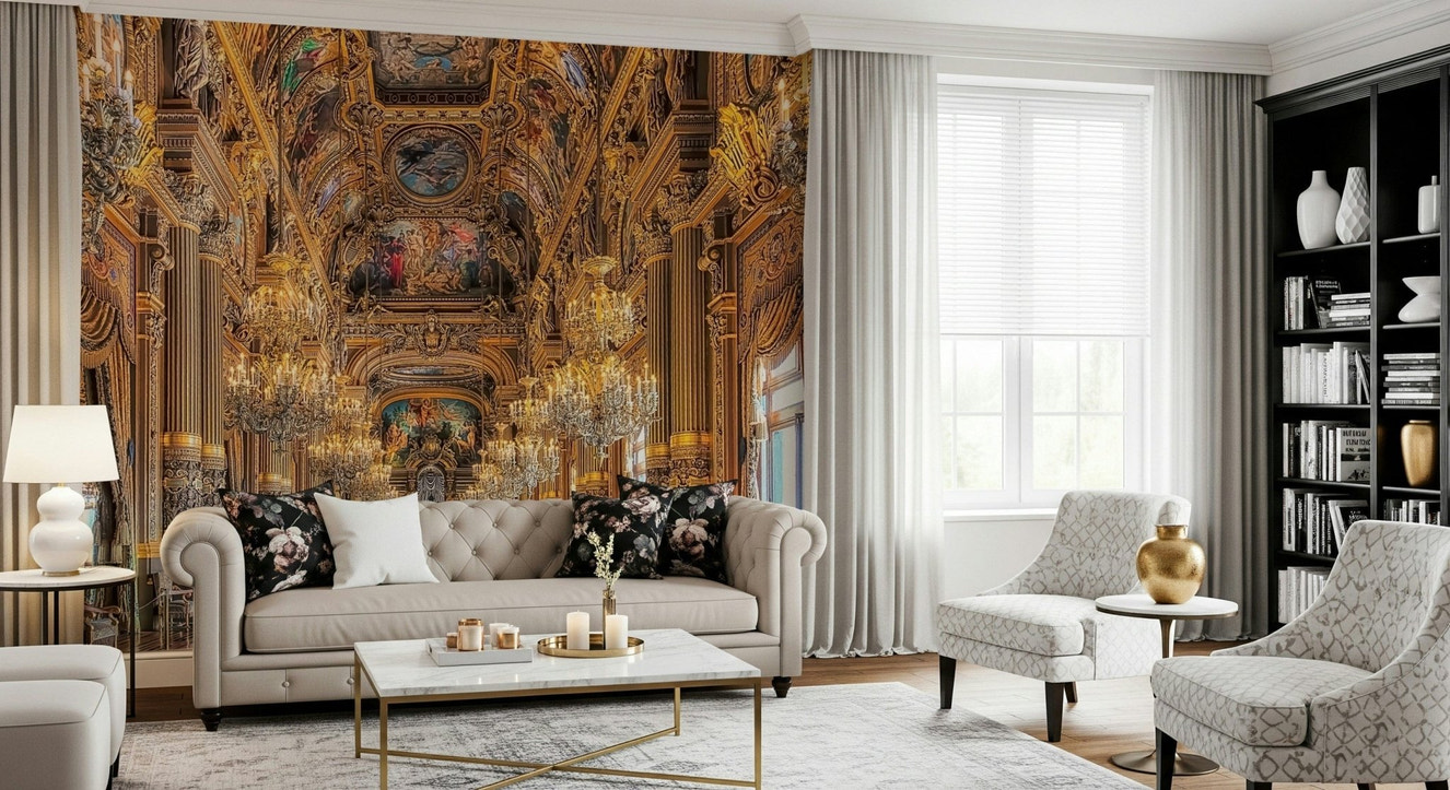 Opulent Grandeur golden palace hall wallpaper for walls.
