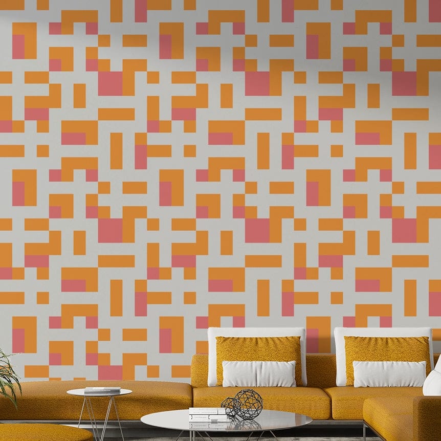 A peaceful geometric design mural on decorative wallpaper.

