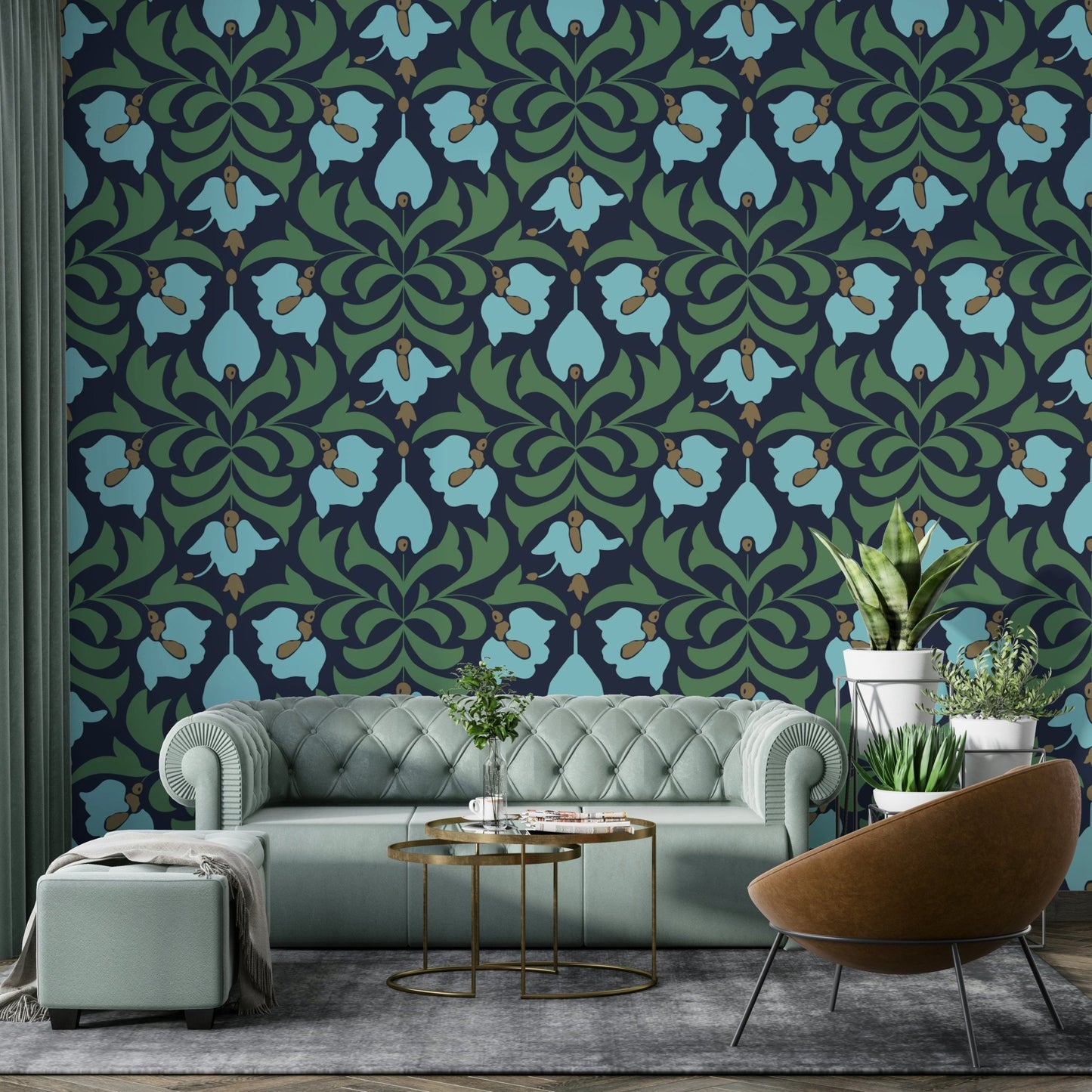 Features intricate botanical designs against a deep background.

