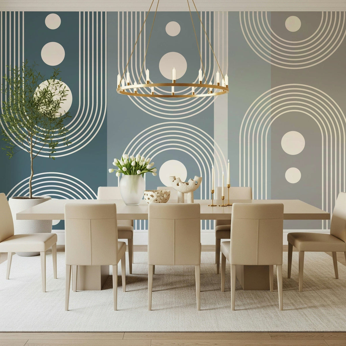 Orbital Arches wallpaper mural in blue-grey arches and white dots behind a beige dining table and chandelier
