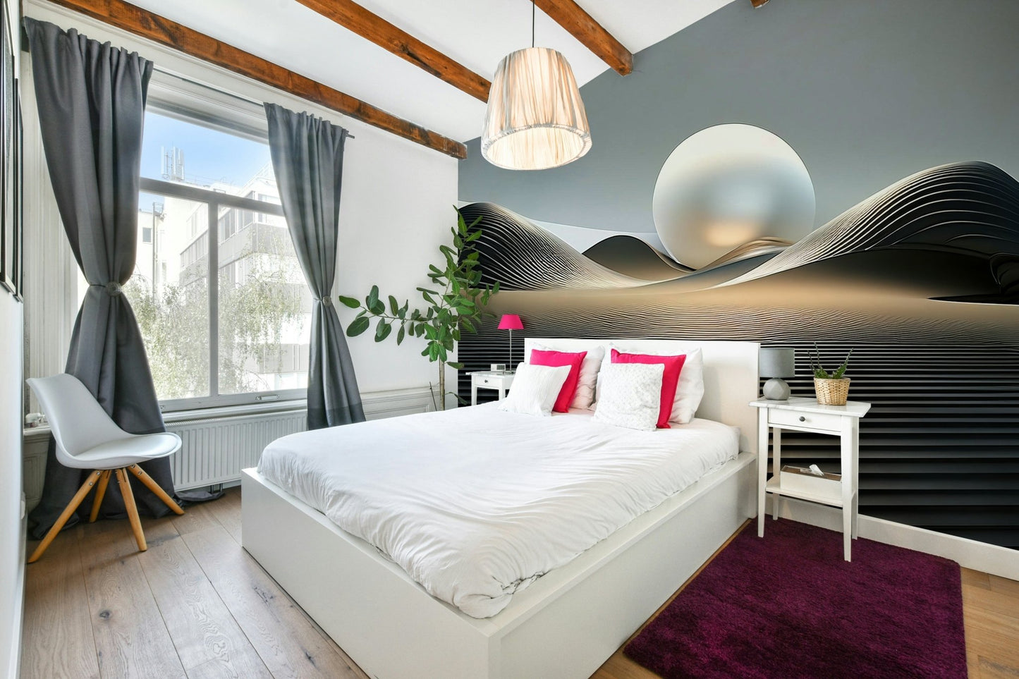 Smooth dune curves in muted mauve and navy gradient mural

