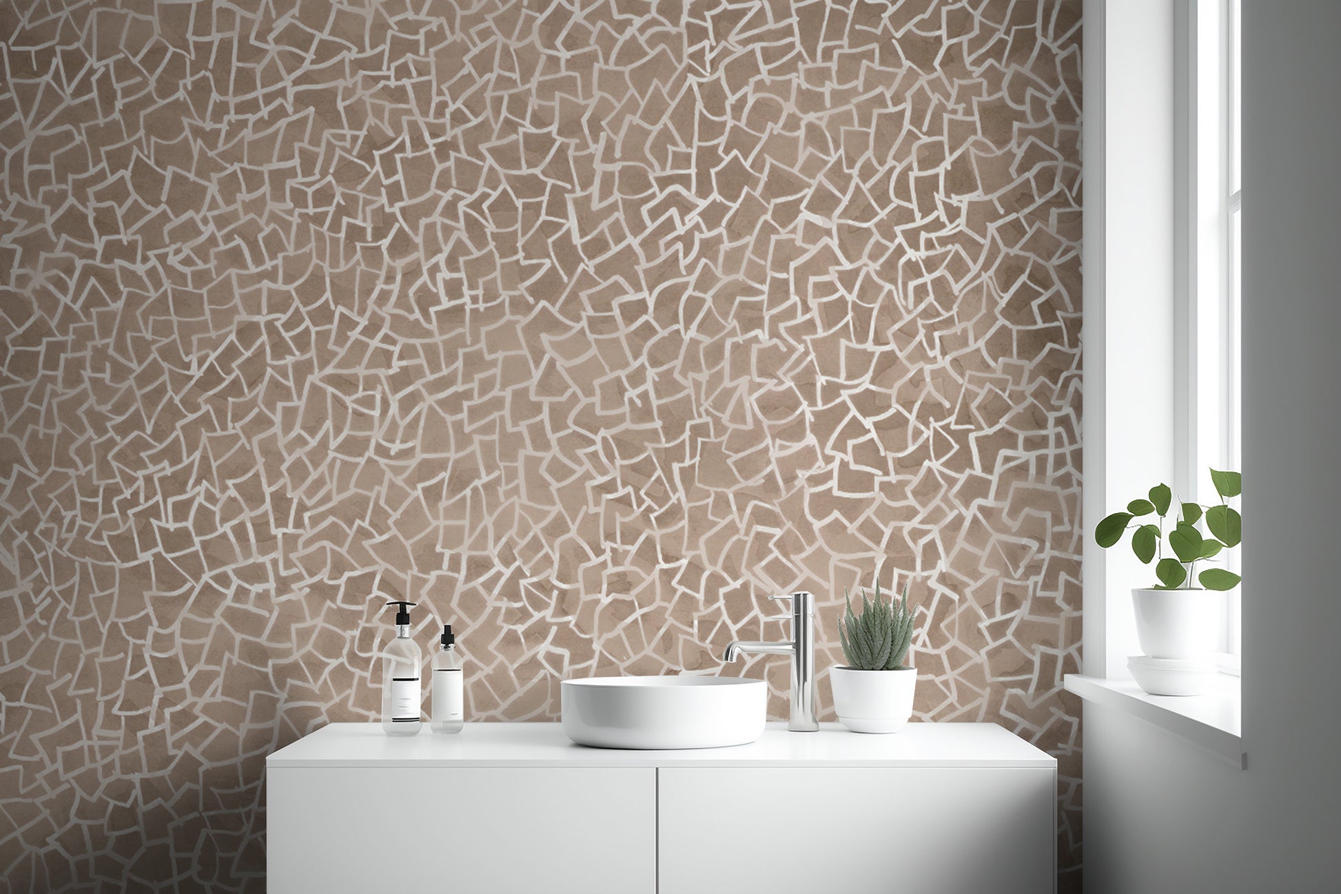 Toffee brown geometric wallpaper mural with mosaic patterns.

