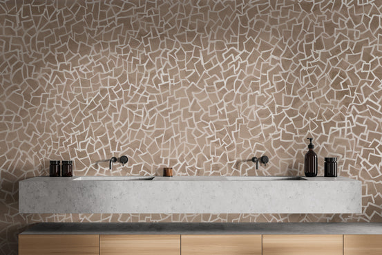Contemporary brown geometric wallpaper mural with white accents.
