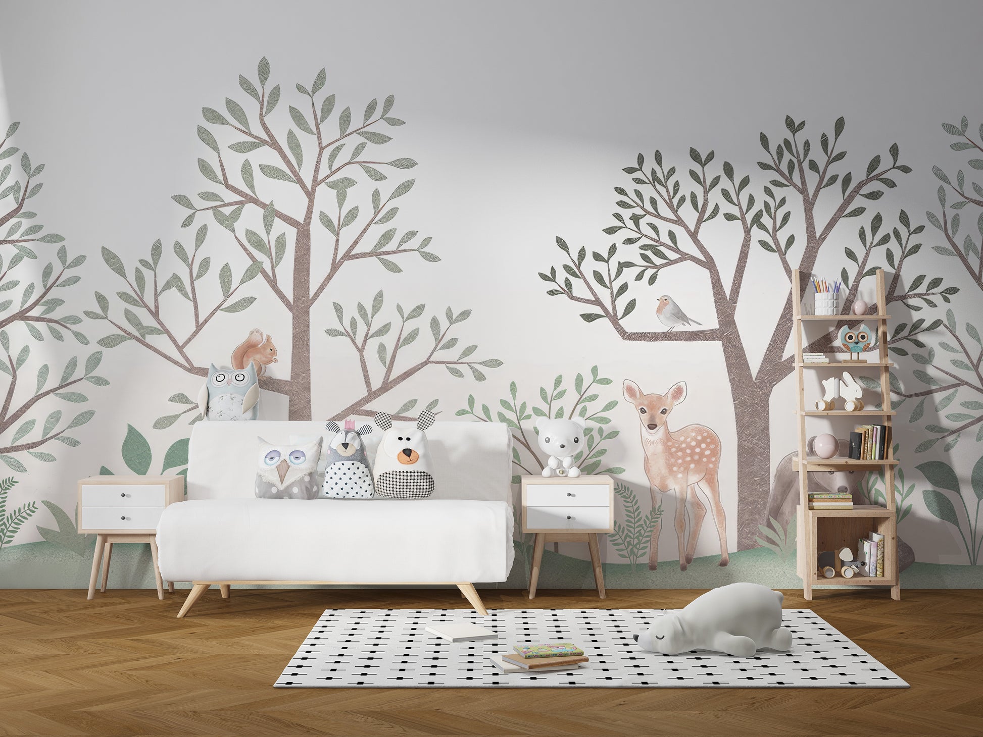 Watercolor forest wallpaper with deer and bear design
