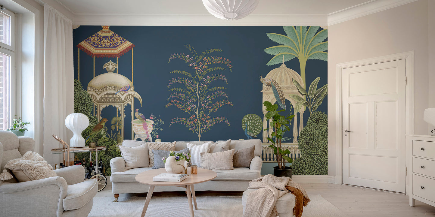 Classic botanical mural with Mughal garden art