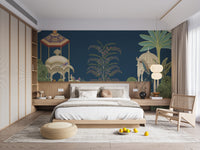 Lush botanical mural with intricate Mughal design