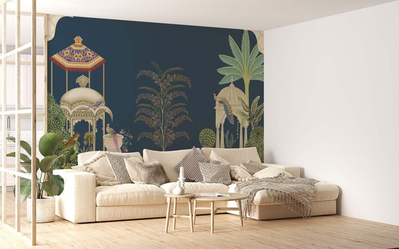 Vintage-inspired wallpaper featuring Mughal art