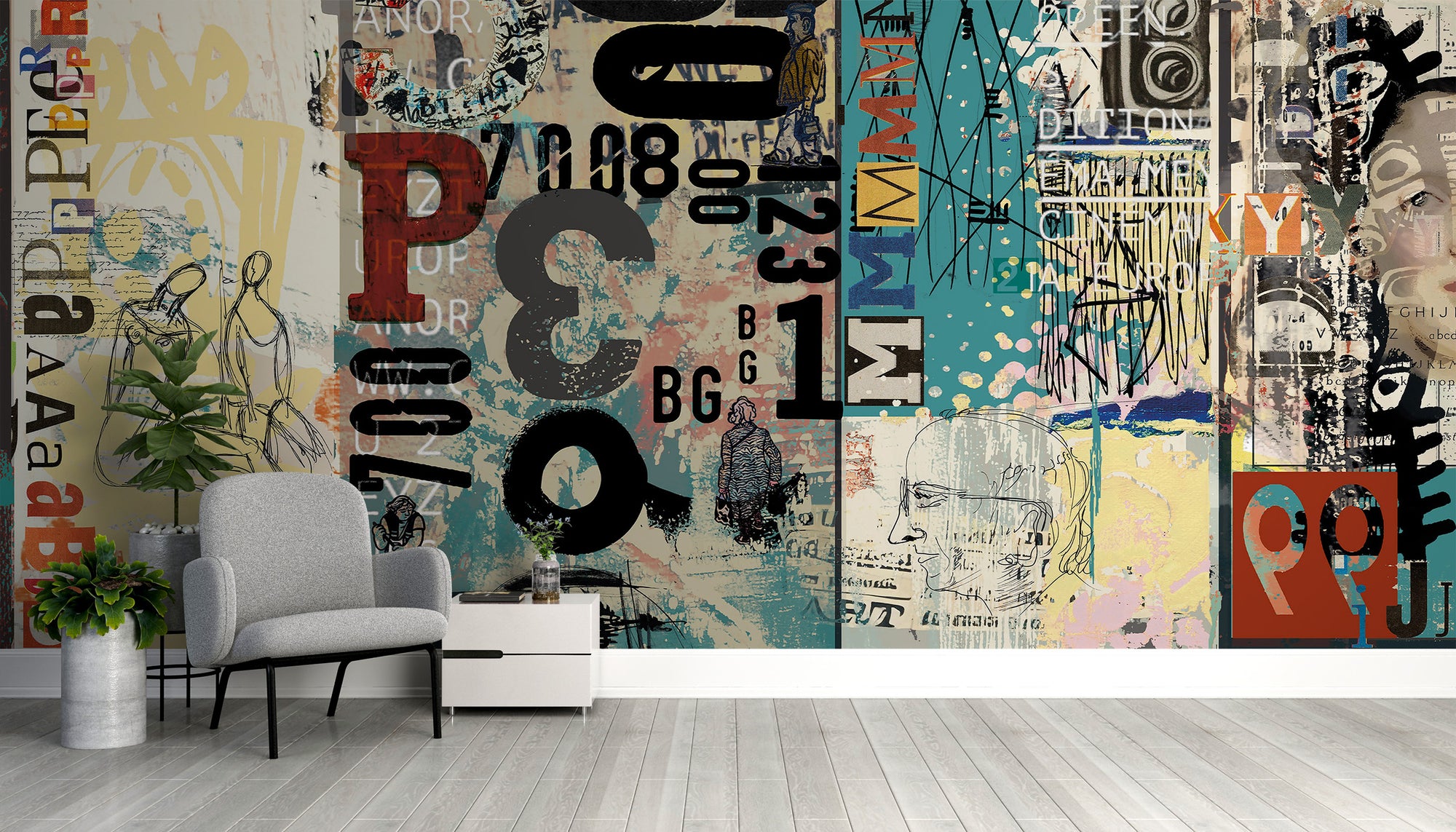 Retro Collage wallpaper mural of distressed letters and figures behind a grey armchair and white console