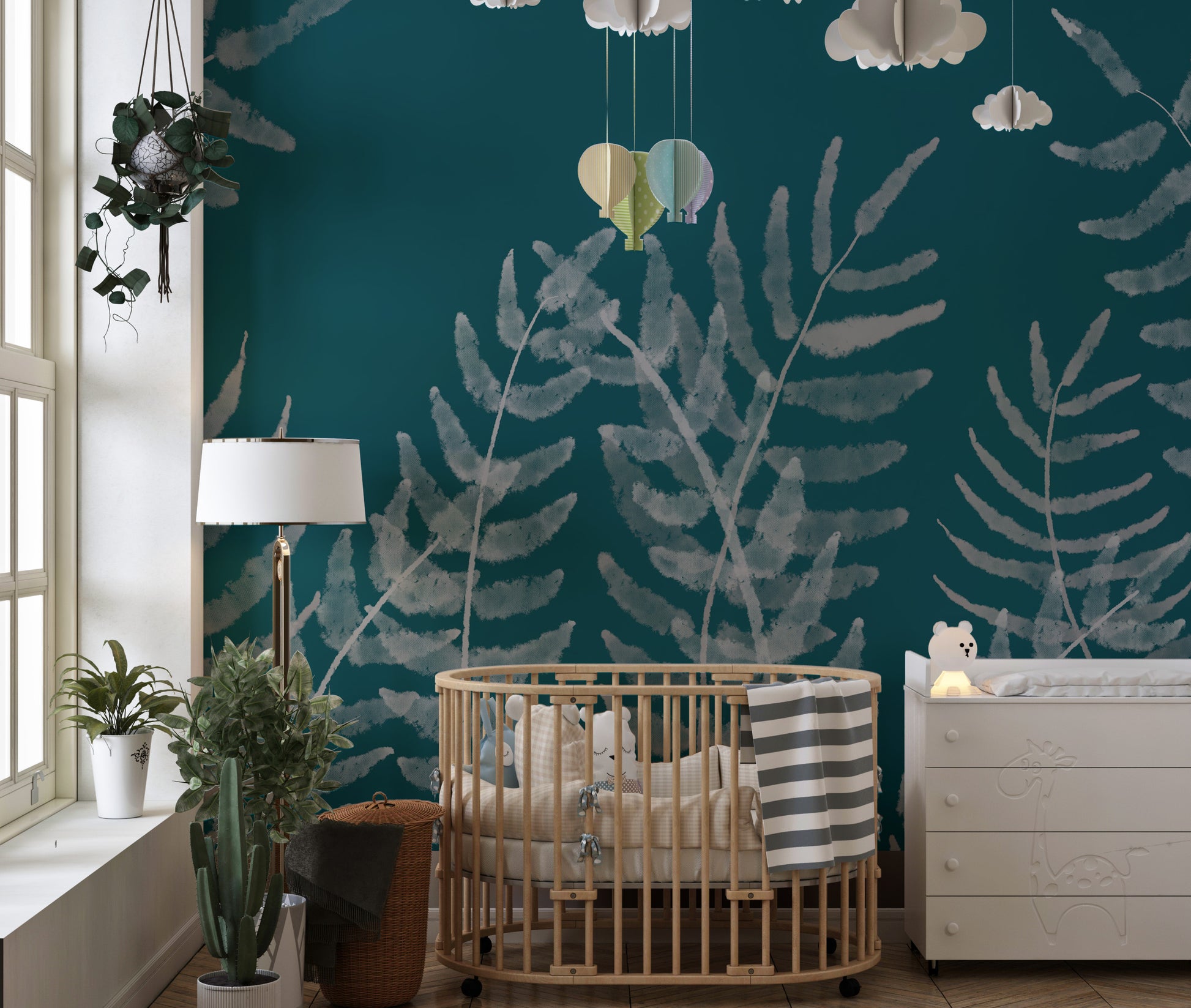 Lush green tropical leaves mural for modern wall decor.
