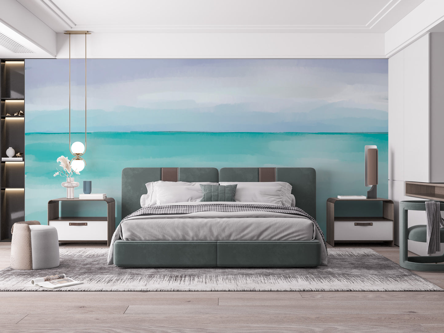 Ocean-inspired wall mural in calming tones for bedroom