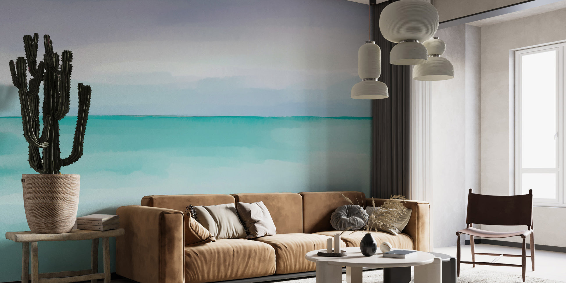Tranquil ocean mural featuring calm waters for living room