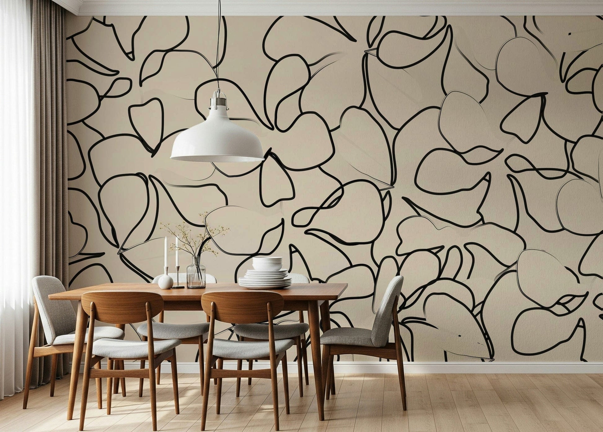 A beautiful modern art wall mural of delicate lines.