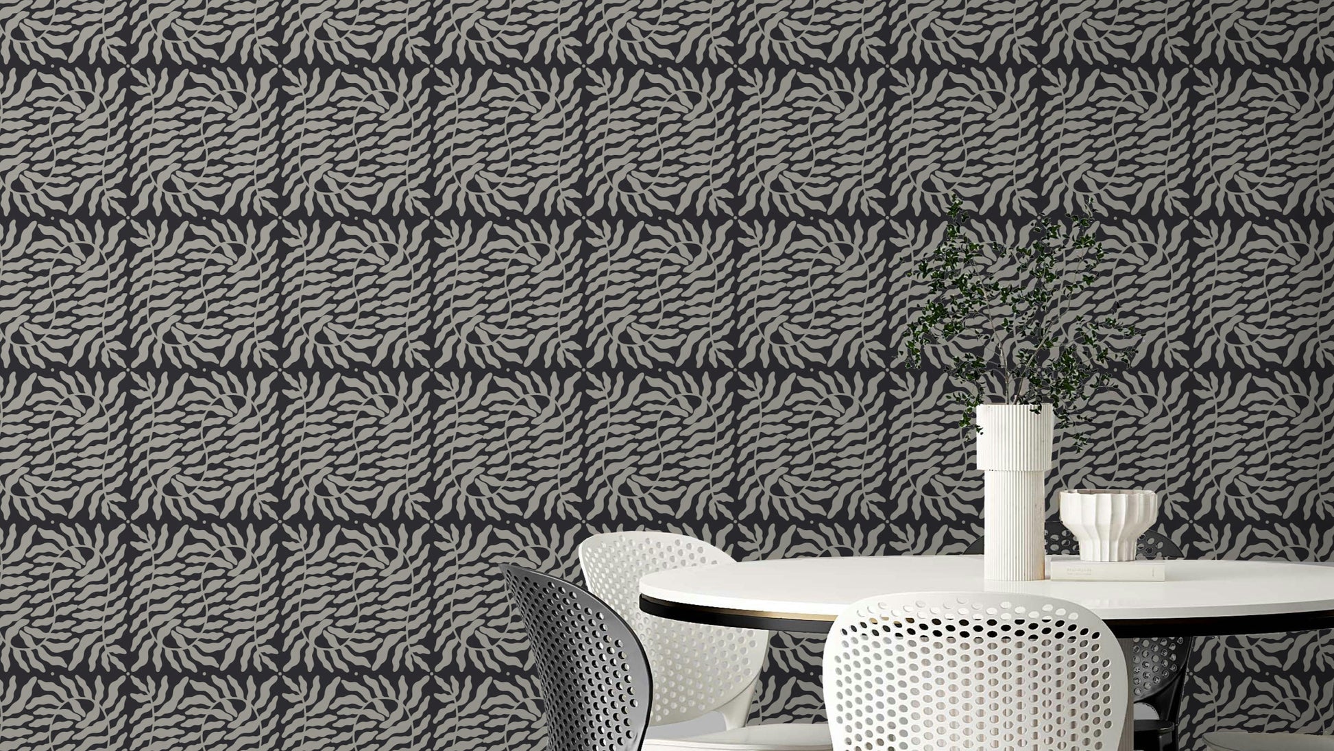 Taupe wallpaper with delicate fern patterns

