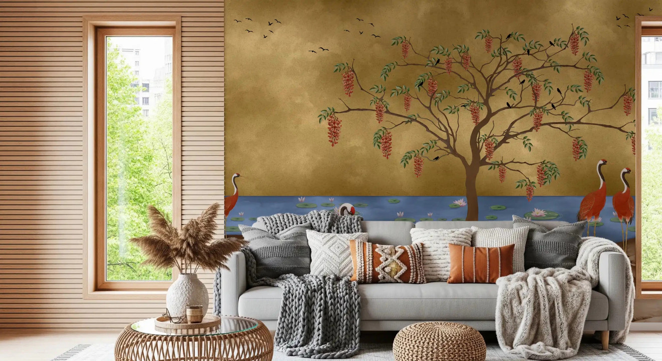 Oriental Cranes & Golden Waters Wall Mural