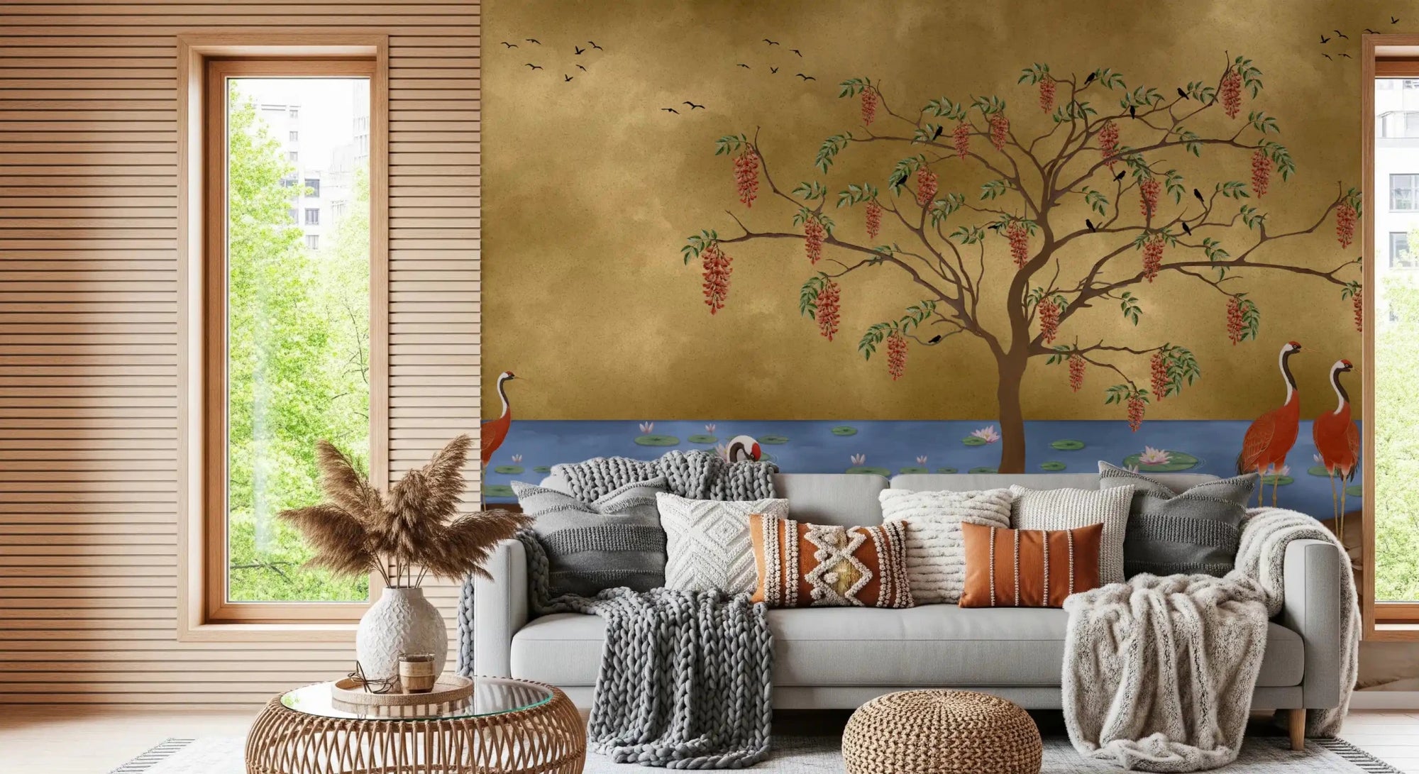 Golden crane wall mural behind a sofa in a calm living room