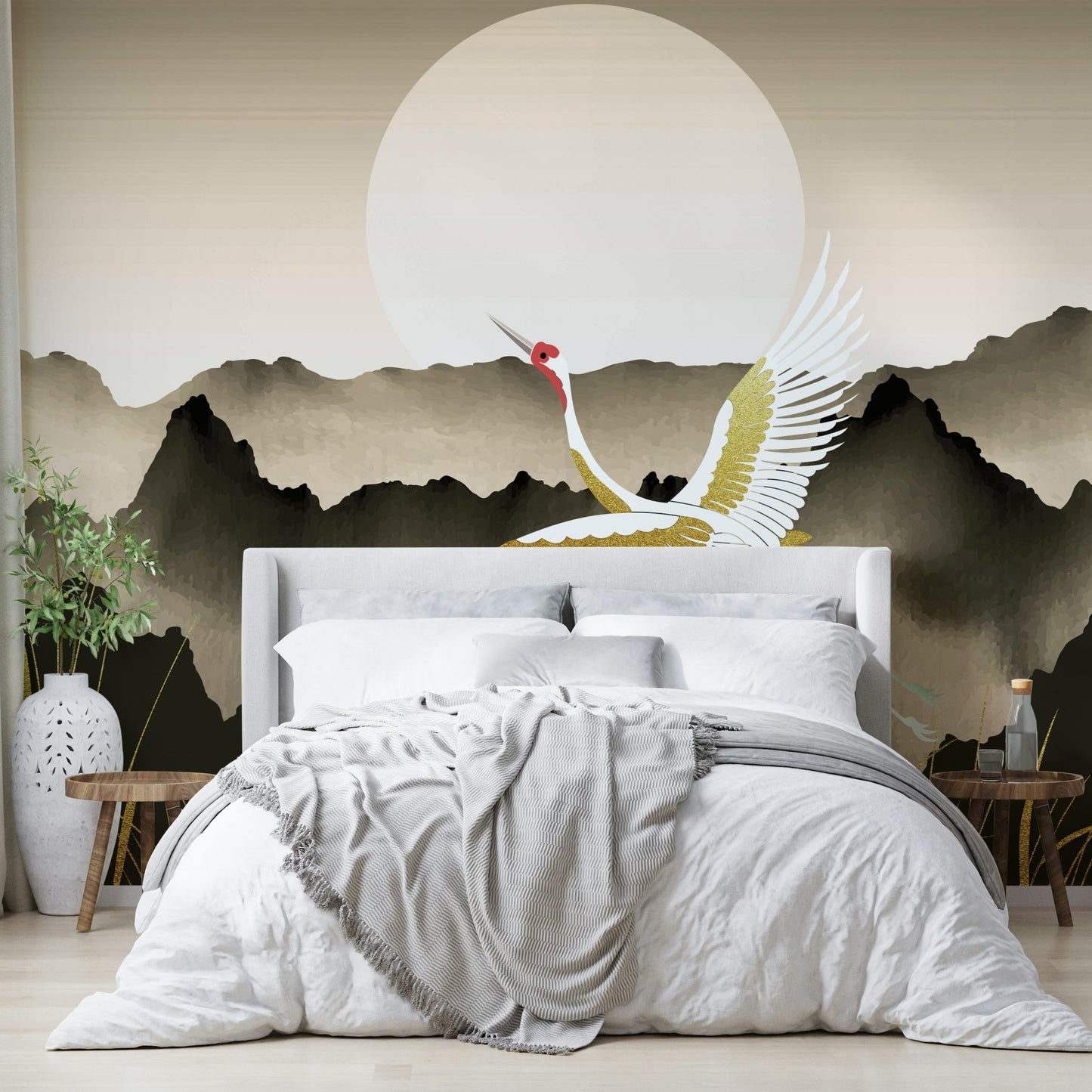 The image shows an artistic impression of a serene landscape with the sun rising.

