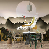 The oriental landscape and sunrise are a central focus of the image.

