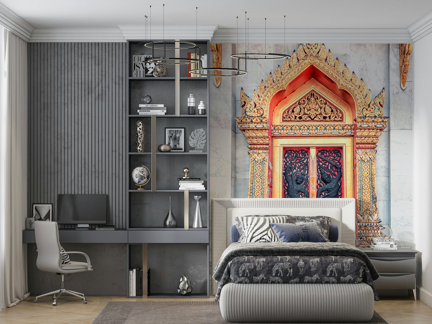 Temple Gate's Grandeur mural behind TV unit, architectural feature wall