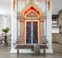 Temple Gate's Grandeur Wall Mural in living room, ornate temple gate feature wall