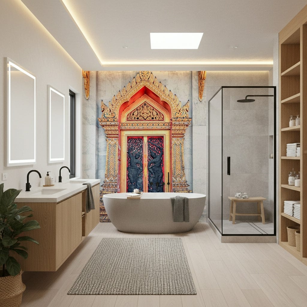 Temple gate wallpaper in bedroom, detailed arches and stonework above headboard