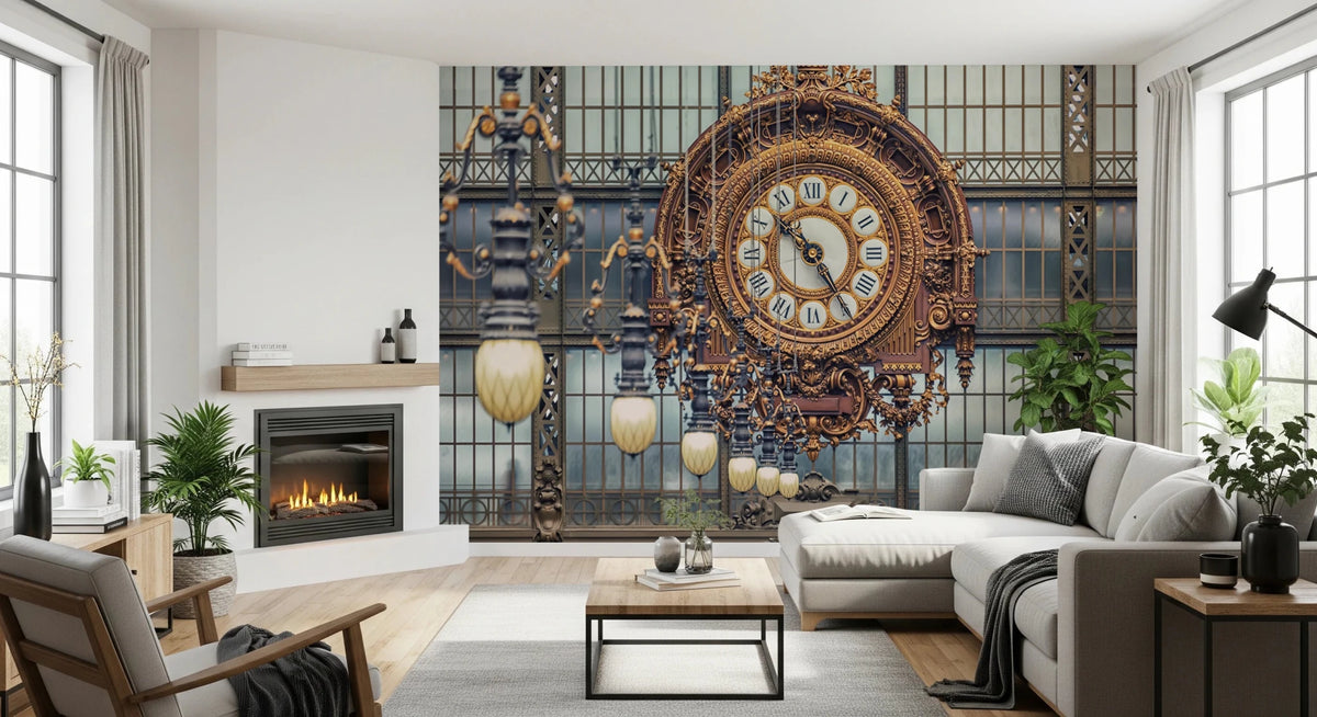 Orsay Clock wallpaper mural of the gilded Musee d'Orsay clock behind a white sofa and fireplace in a bright living room