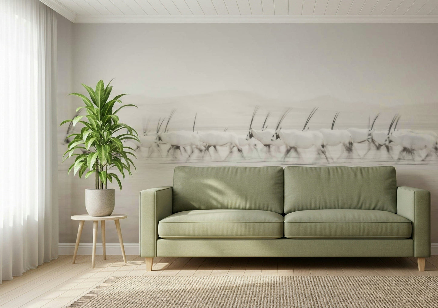 Desert Mirage Wall Mural – Artistic depiction of oryx in a serene desert setting with pastel hues and soft textures.