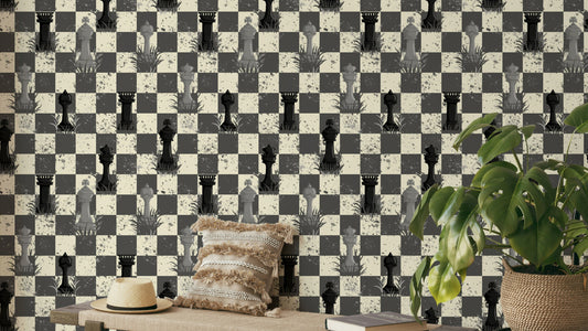 Outdoor chess wallpaper in grayscale tones

