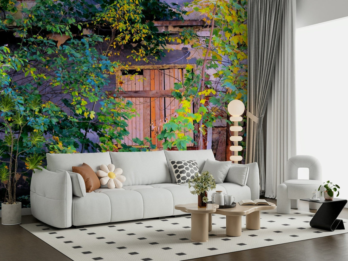 Overgrown Doorway wall mural in home office, stone arch with vines, green grey