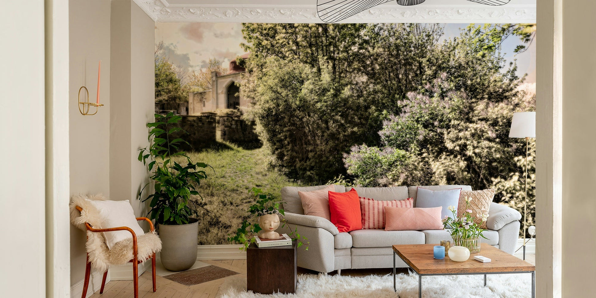 Varied textures of leaves, moss, and earth.

