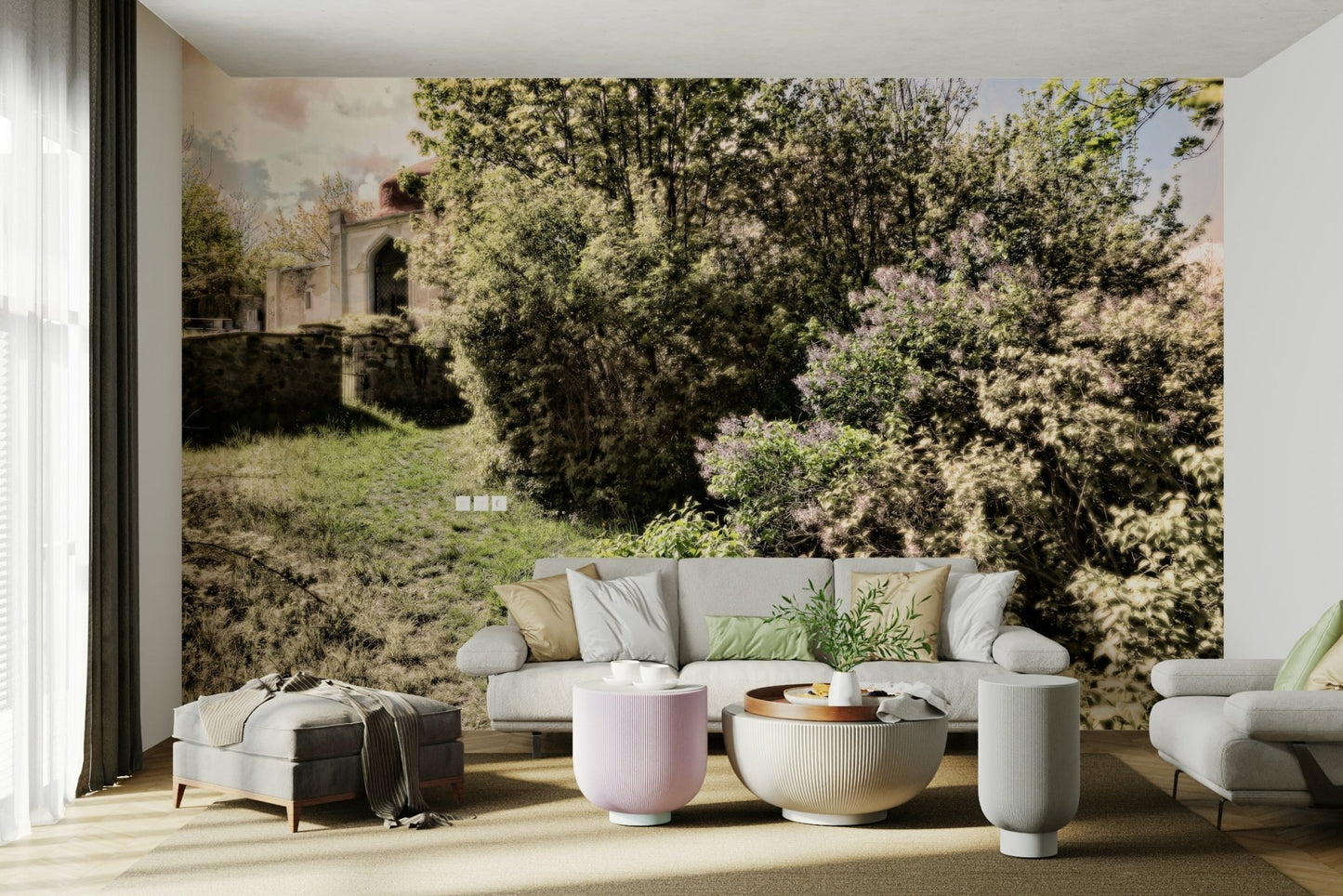 Serene nature photography on a wall.

