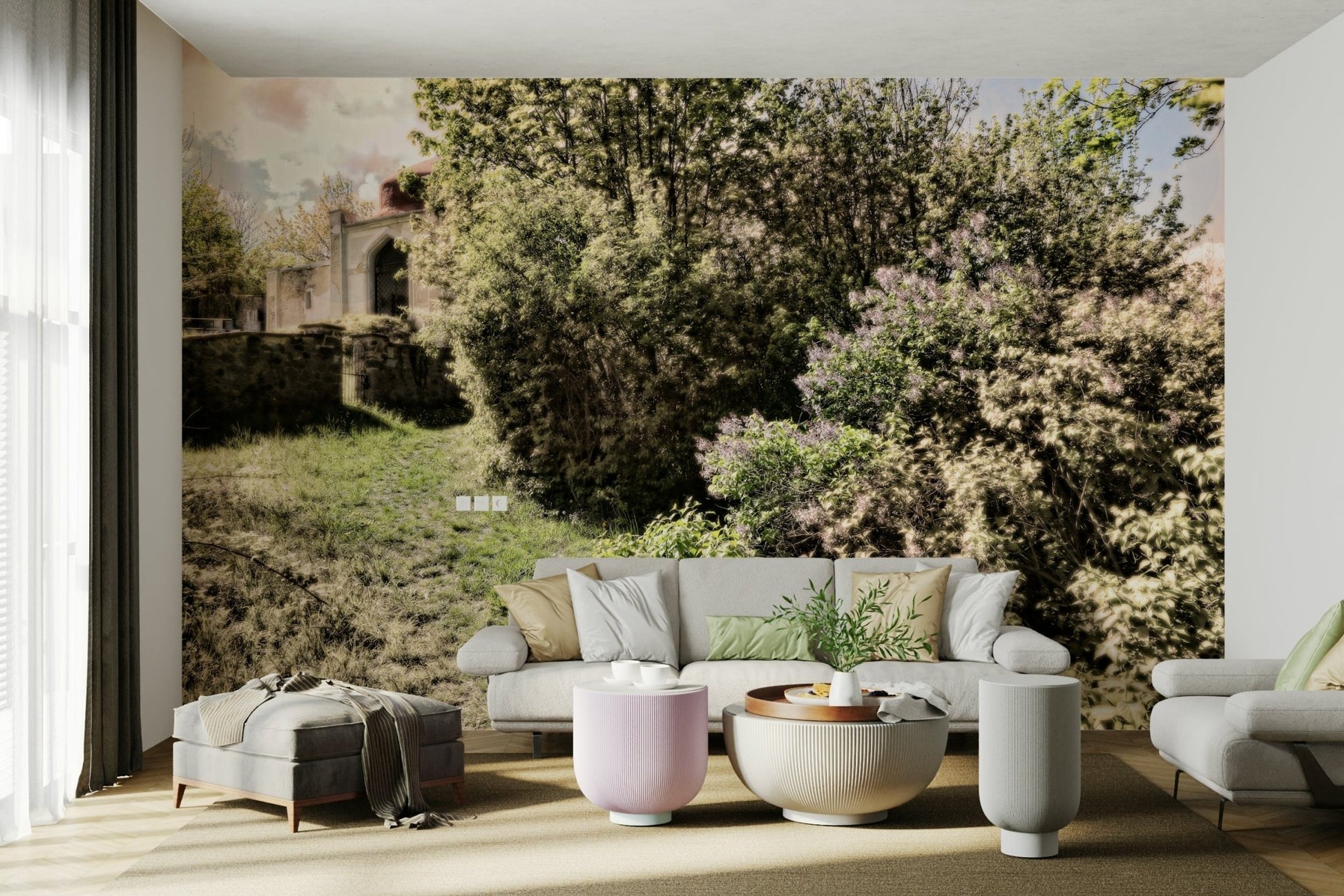 Serene nature photography on a wall.

