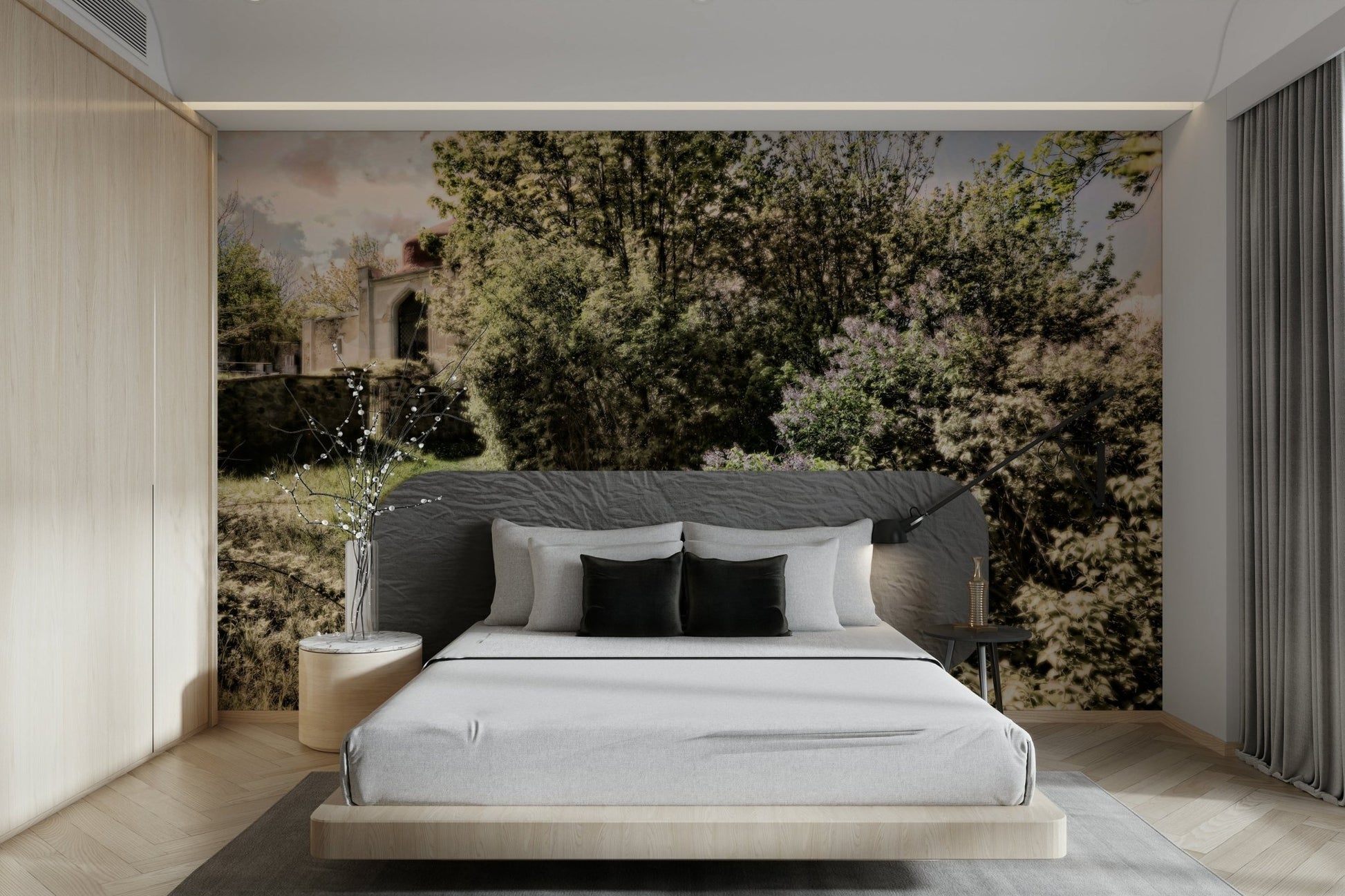 Lush green foliage bordering a walking path.

