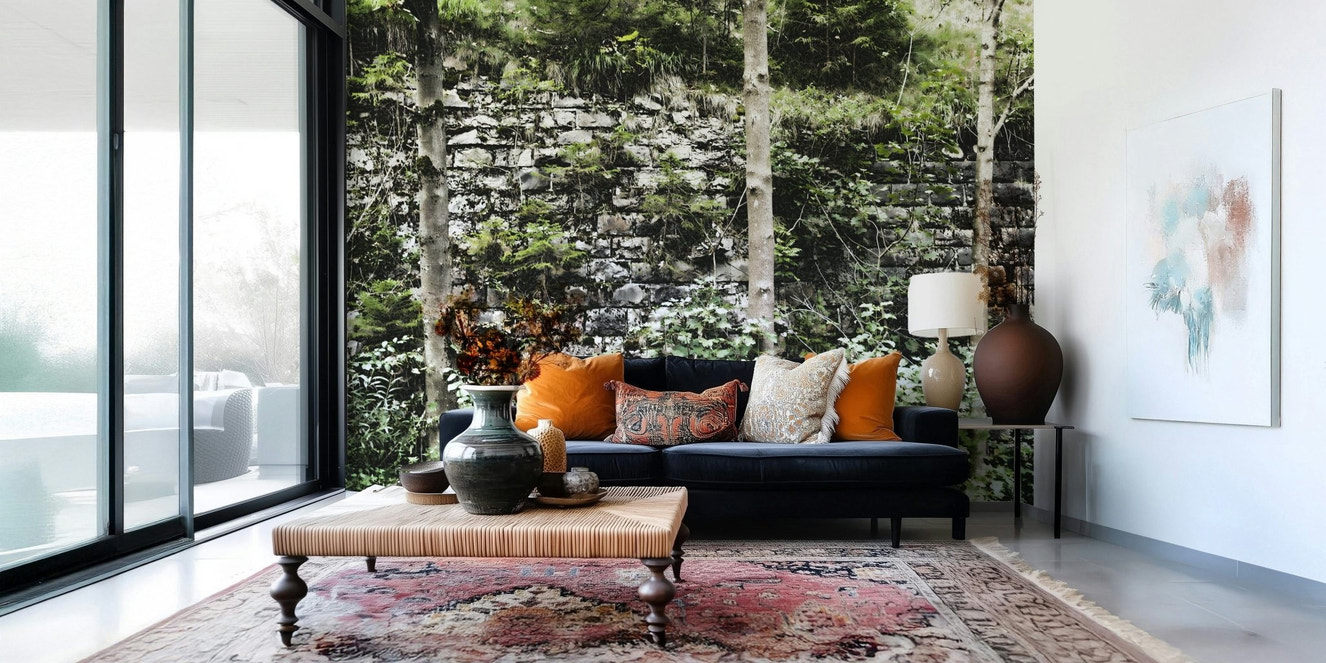 Overgrown stone wall mural in modern living room, soft green foliage tones
