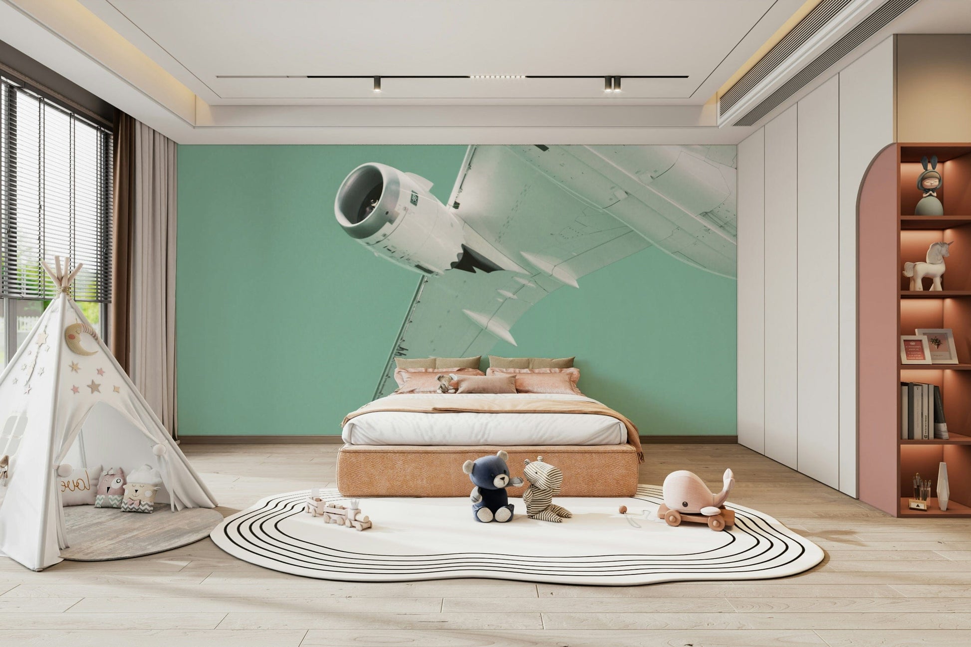 An artistic overhead photo mural on minimalist wallpaper.

