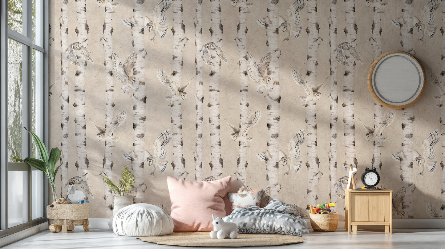 Eulen Birken Wald Tapete - Beige