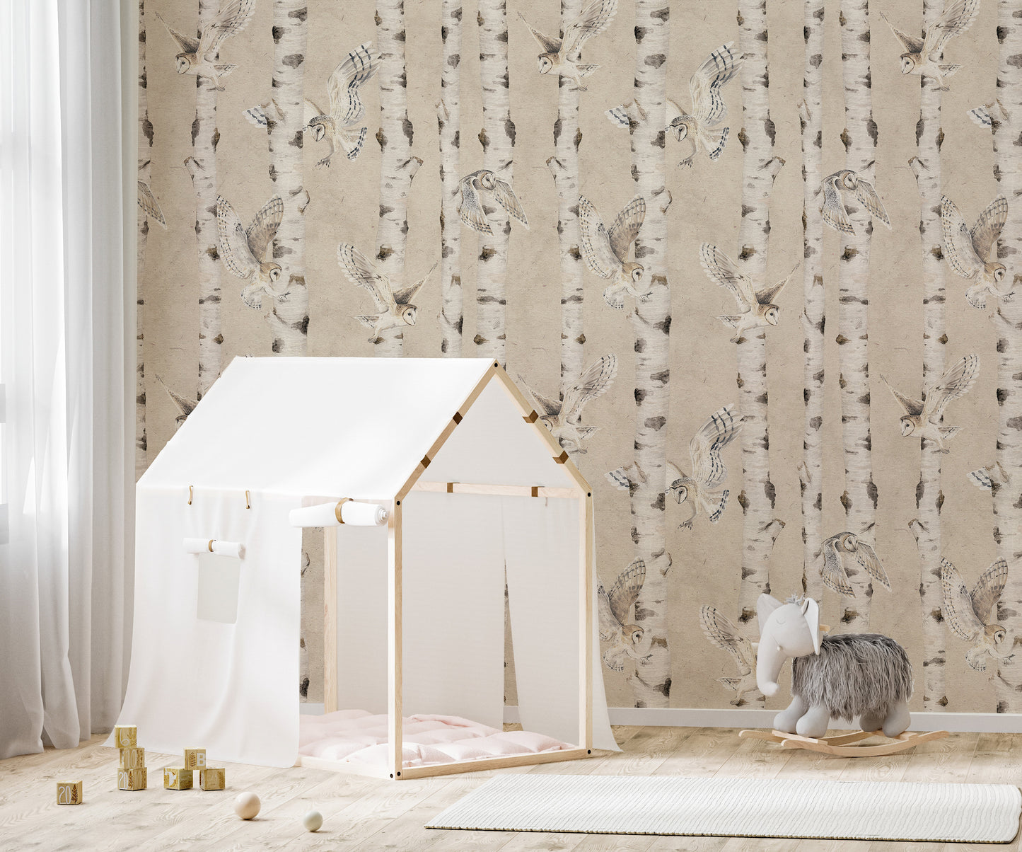 Eulen Birken Wald Tapete - Beige