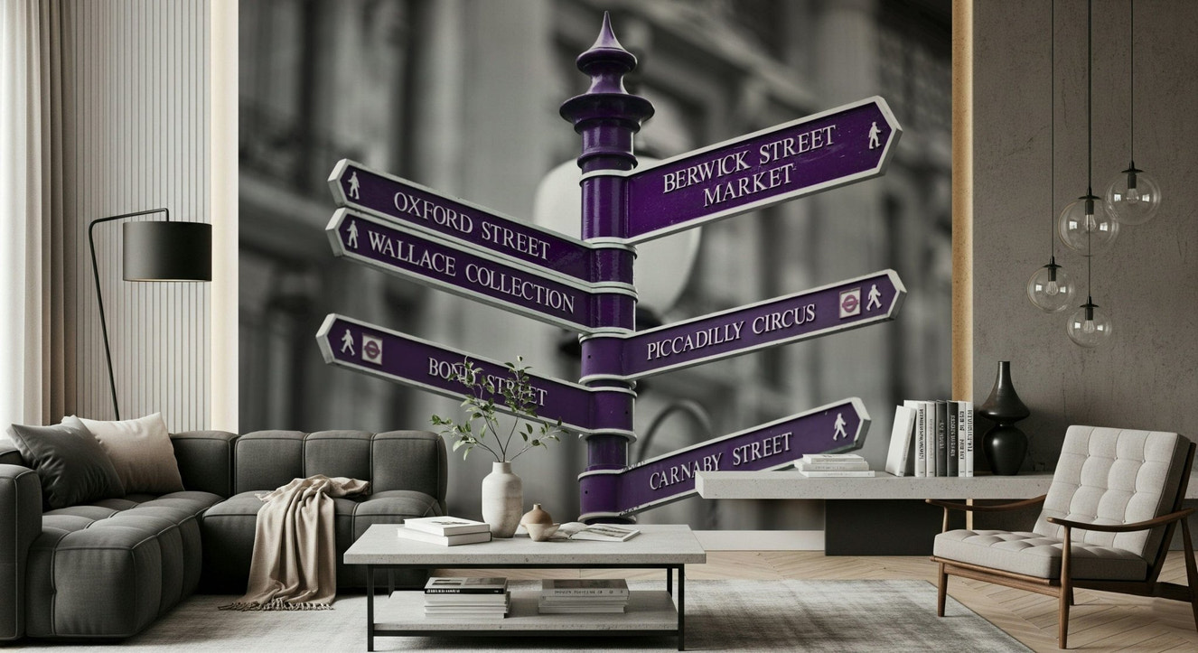 A striking wallpaper showcasing the iconic London-style signpost pointing toward Oxford Street, Piccadilly Circus, and more.