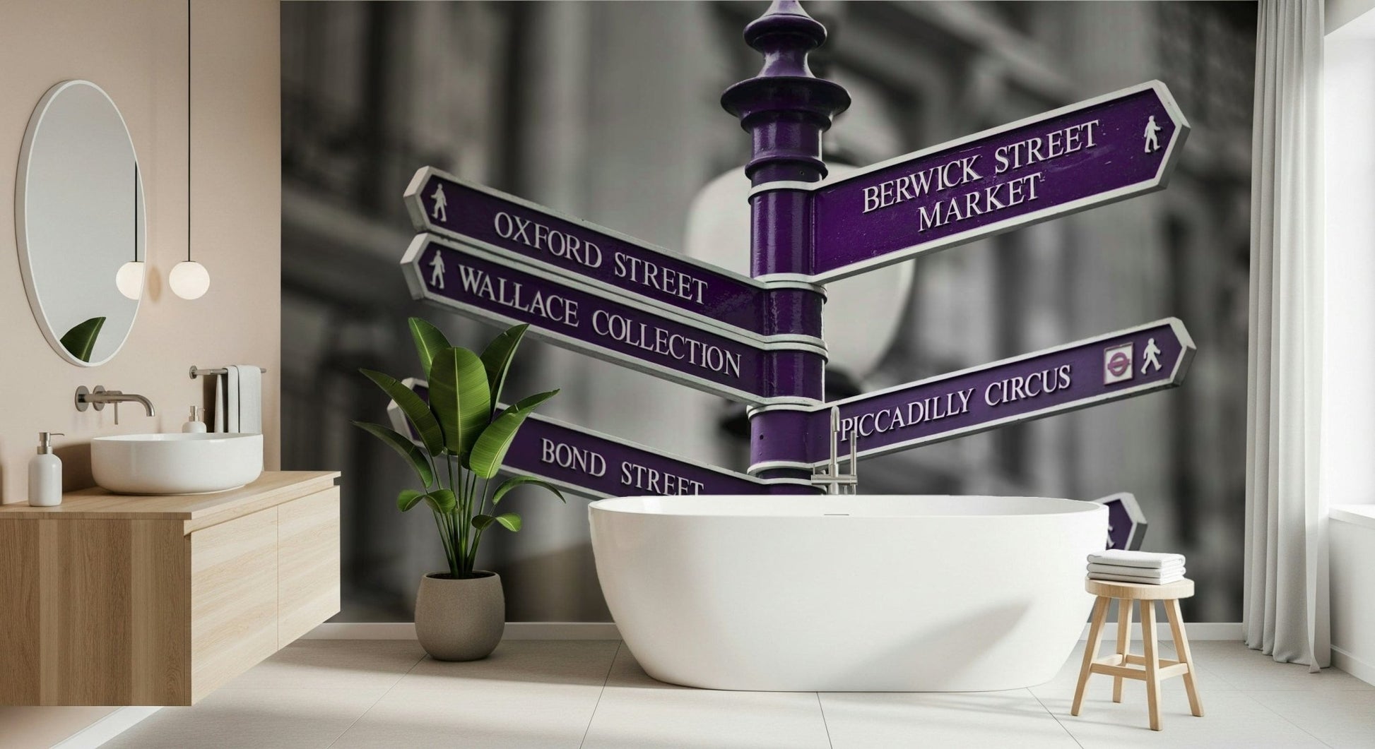 A stylish wallpaper featuring purple signboards pointing toward London favorites like Carnaby Street and Bond Street.