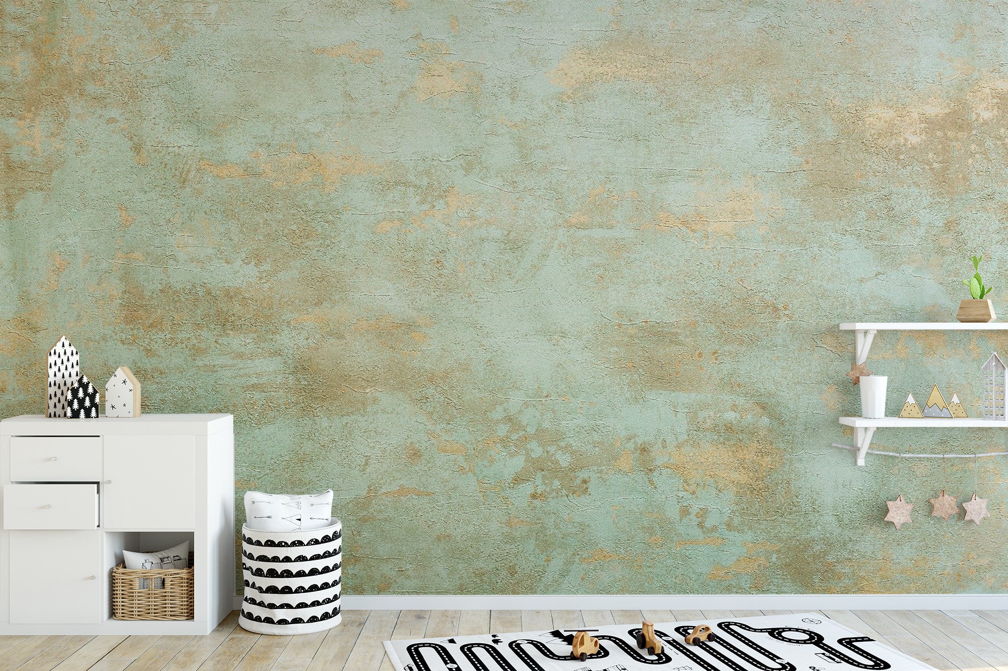 Copper Patina Accent wallpaper mural shown as a full feature wall that highlights the design