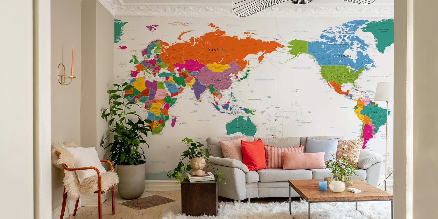 Pacific Centered World Map Fun Colors Wall Mural