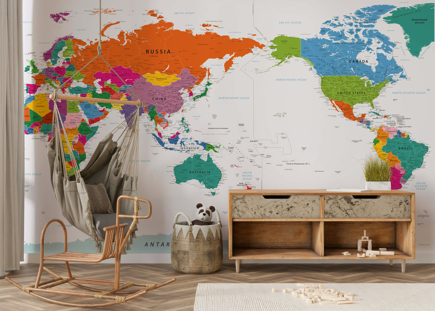 Pacific Centered World Map Fun Colors Wall Mural