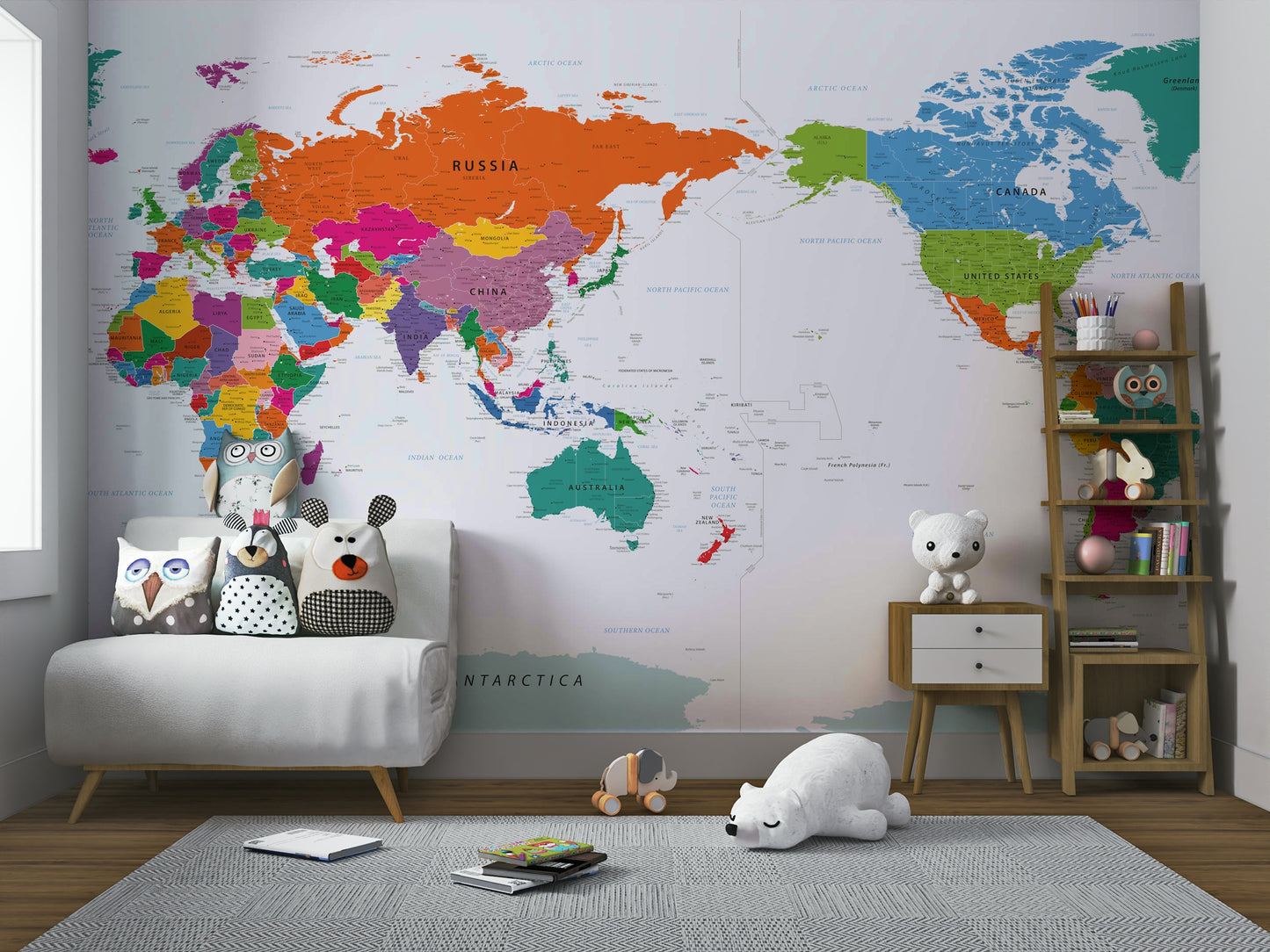 Pacific Centered World Map Fun Colors Wall Mural