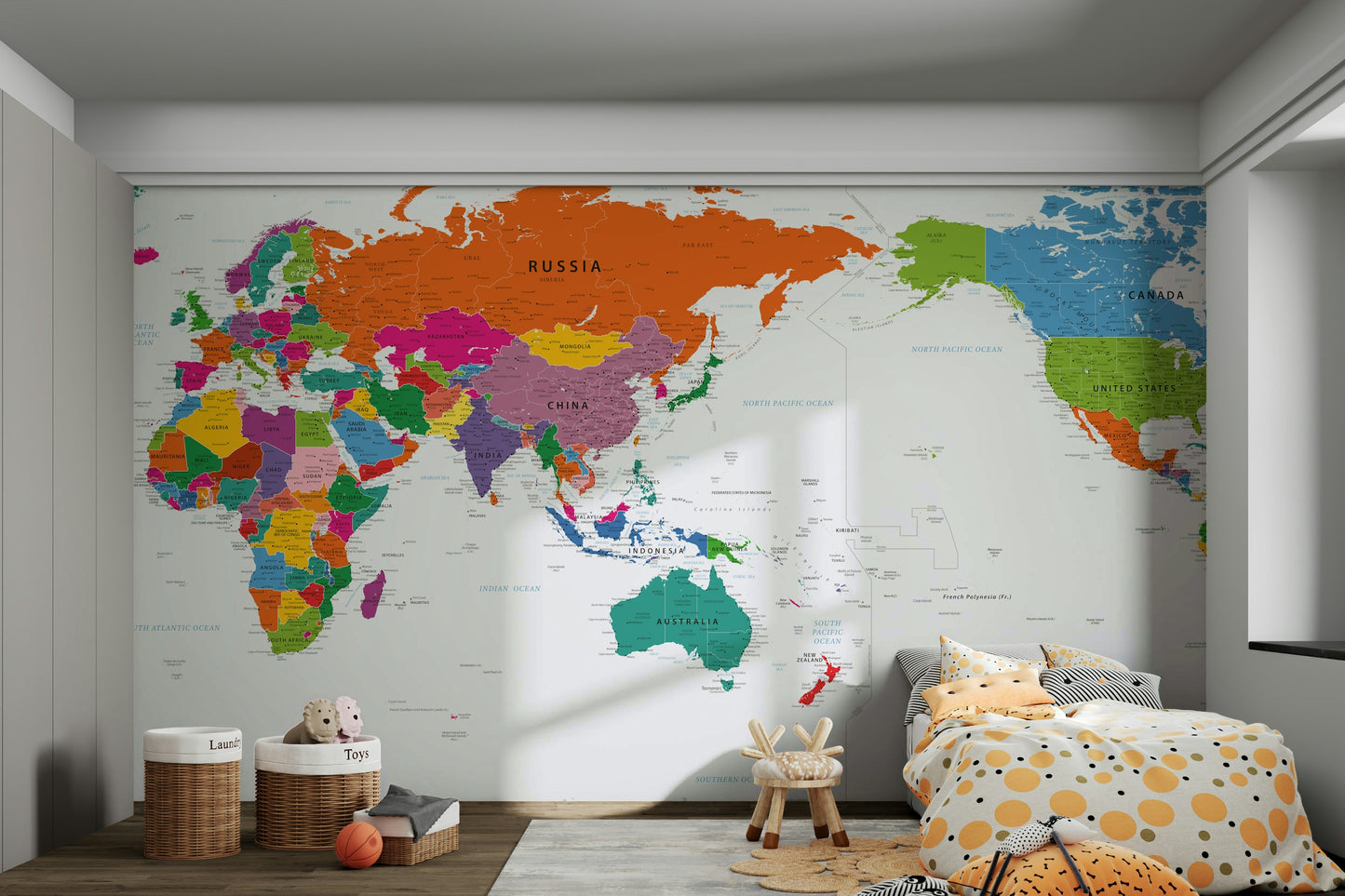 Pacific Centered World Map Fun Colors Wall Mural