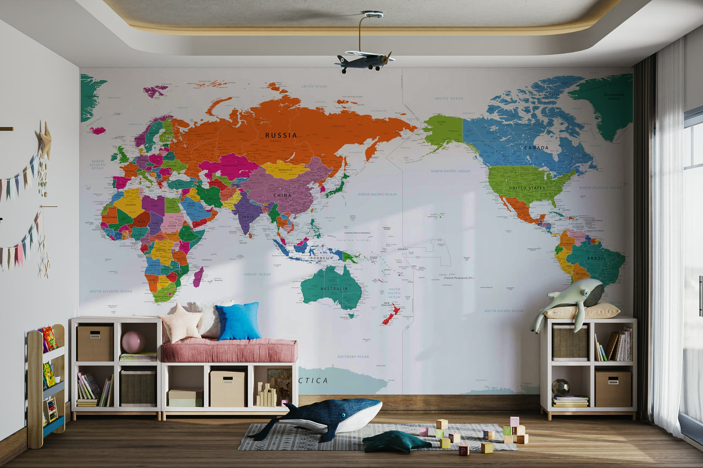 Pacific Centered World Map Fun Colors Wall Mural