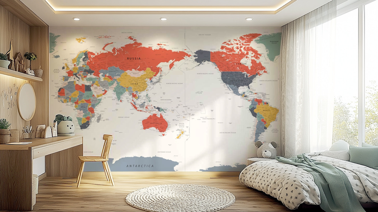 Pacific Centered World Map in Happy Colors Wall Mural