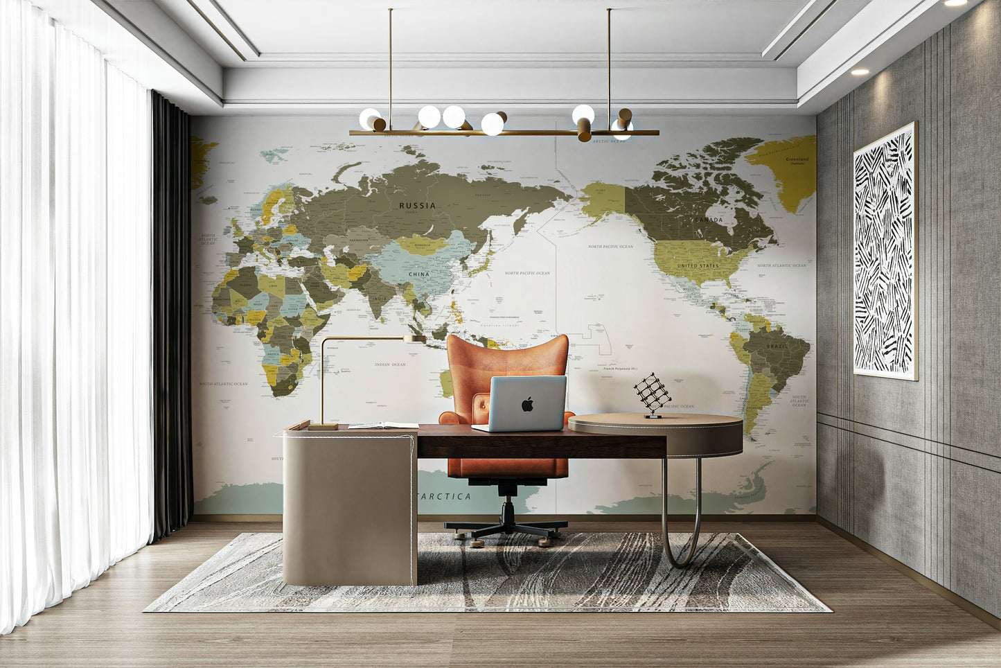 Pacific Centred World Map Olive Green Wall Mural
