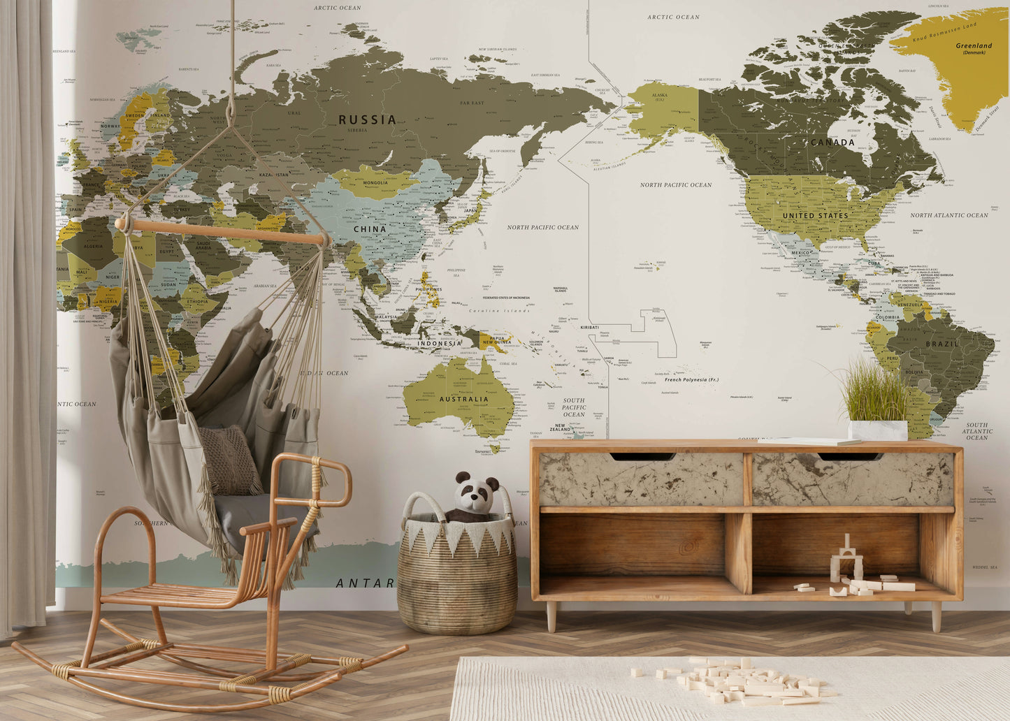 Pacific Centred World Map Olive Green Wall Mural