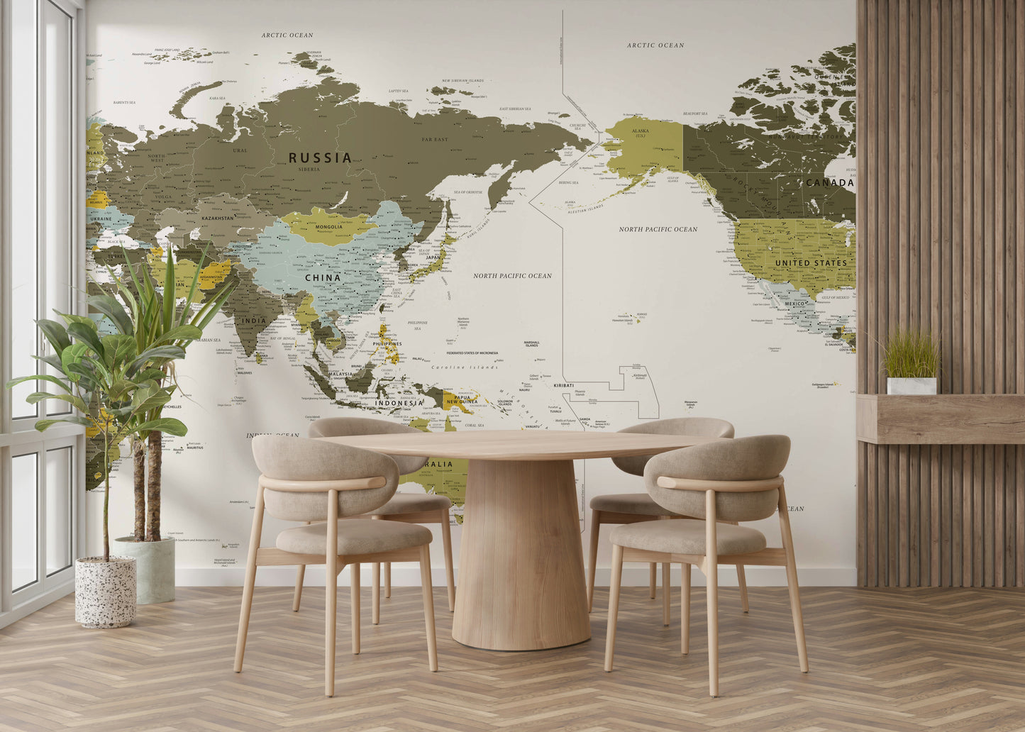 Pacific Centred World Map Olive Green Wall Mural