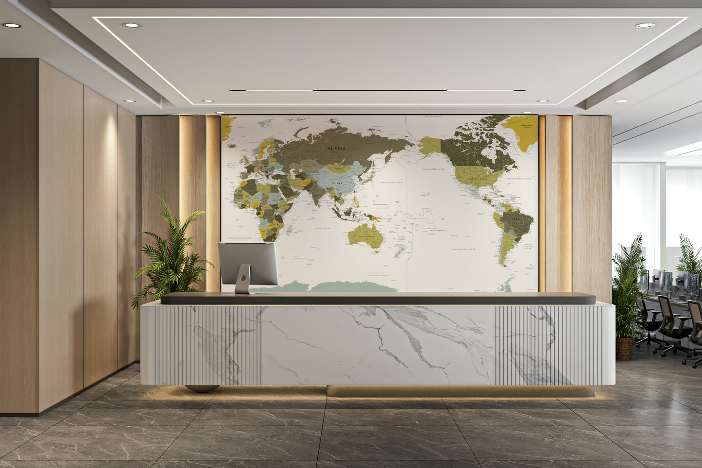 Pacific Centred World Map Olive Green Wall Mural