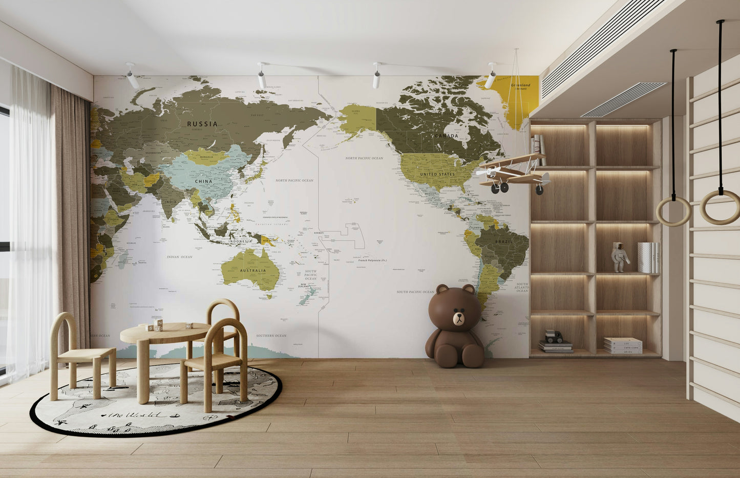 Pacific Centred World Map Olive Green Wall Mural